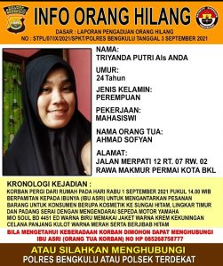 Pamit Antar Pesanan, Mahasiswi Kota Bengkulu Hilang